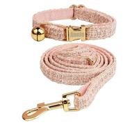 Personalised Cat Collar with Bell & Matching Leash, Engraved Name & Phone Number, Adjustable Soft Collar For Cats, Kittens and Puppies(Light pink)