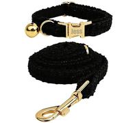 Personalised Cat Collar with Bell & Matching Leash, Engraved Name & Phone Number, Adjustable Soft Collar For Cats, Kittens and Puppies(Black)