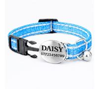 Personalised Cat Collar with Bell | Reflective Custom Cat Collar with Name ID Tag | Safety Breakaway Adult or Kitten Collar | Multiple Colours (Light Blue)