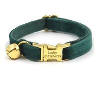 Personalised Cat Collar with Name Plate, Adjustable Velvet Cat Collar with Bell, Pet Collar with Name, Phone Number, Engraved ID Tags (Christmas Green)