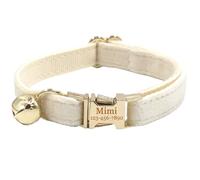 Personalised Cat Collar with Name Plate, Adjustable Velvet Cat Collar with Bell, Pet Collar with Name, Phone Number, Engraved ID Tags (Cream)