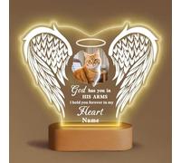 Personalised Cat Memorial LED Night Light, Angel Wings Design with Photo Frame, Wooden Base, Pet Loss Sympathy Gift