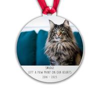 Personalised Cat Memorial Photo Bauble, 'Left a Paw Print on our Hearts' Tree Decoration Pet Xmas