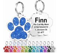 Personalised Cat Tags, Dog Tags for Pets UK Prime, Deep Engraved Pet ID Tags for Dogs & Cats, Glitter Paw Print Stainless Steel Cat Name Tag, Doggy Cat Kitten Kitty Puppy Tag (Dark Blue Paw, S)