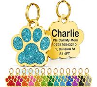 Personalised Cat Tags, Dog Tags for Pets UK Prime, Deep Engraved Pet ID Tags for Dogs & Cats, Glitter Paw Print Stainless Steel Cat Name Tag, Doggy Cat Kitten Kitty Puppy Tag (Lake Blue Paw-Gold, L)