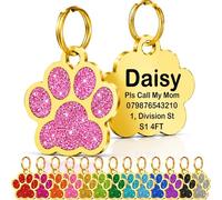Personalised Cat Tags, Dog Tags for Pets UK Prime, Deep Engraved Pet ID Tags for Dogs & Cats, Glitter Paw Print Stainless Steel Cat Name Tag, Doggy Cat Kitten Kitty Puppy Tag (Pink Paw-Gold, S)