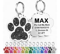 Personalised Cat Tags, Dog Tags for Pets UK Prime, Deep Engraved Pet ID Tags for Dogs & Cats, Glitter Paw Print Stainless Steel Cat Name Tag, Doggy Cat Kitten Kitty Puppy Tag (Black Paw, S)