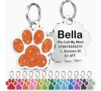 Personalised Cat Tags, Dog Tags for Pets UK Prime, Deep Engraved Pet ID Tags for Dogs & Cats, Glitter Paw Print Stainless Steel Cat Name Tag, Doggy Cat Kitten Kitty Puppy Tag (Orange Paw, S)