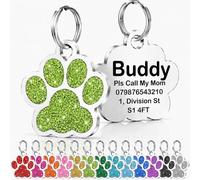 Personalised Cat Tags, Dog Tags for Pets UK Prime, Deep Engraved Pet ID Tags for Dogs & Cats, Glitter Paw Print Stainless Steel Cat Name Tag, Doggy Cat Kitten Kitty Puppy Tag (Green Paw, S)