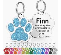 Personalised Cat Tags, Dog Tags for Pets UK Prime, Deep Engraved Pet ID Tags for Dogs & Cats, Glitter Paw Print Stainless Steel Cat Name Tag, Doggy Cat Kitten Kitty Puppy Tag (Sky Blue Paw, L)