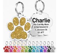 Personalised Cat Tags, Dog Tags for Pets UK Prime, Deep Engraved Pet ID Tags for Dogs & Cats, Glitter Paw Print Stainless Steel Cat Name Tag, Doggy Cat Kitten Kitty Puppy Tag (Gold Paw, L)