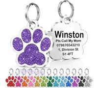 Personalised Cat Tags, Dog Tags for Pets UK Prime, Deep Engraved Pet ID Tags for Dogs & Cats, Glitter Paw Print Stainless Steel Cat Name Tag, Doggy Cat Kitten Kitty Puppy Tag (Purple Paw, S)