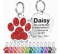 Personalised Cat Tags, Dog Tags for Pets UK Prime, Deep Engraved Pet ID Tags for Dogs & Cats, Glitter Paw Print Stainless Steel Cat Name Tag, Doggy Cat Kitten Kitty Puppy Tag (Red Paw, L)