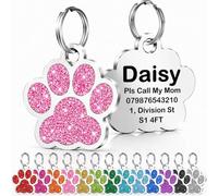 Personalised Cat Tags, Dog Tags for Pets UK Prime, Deep Engraved Pet ID Tags for Dogs & Cats, Glitter Paw Print Stainless Steel Cat Name Tag, Doggy Cat Kitten Kitty Puppy Tag (Pink Paw, S)