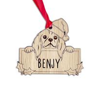 Personalised Cavalier King Charles Spaniel Dog Christmas Tree Bauble, Peeking Design, 9.5W x 9H cm, Oak Veneer Wood Decoration with Red Ribbon (Decoration with Gift Box)