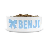 Personalised Ceramic Dog Bowl Bow Design for Food/Water, Size Medium-Large (Pale Blue, Text Style LV)
