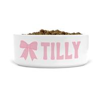Personalised Ceramic Dog Bowl Bow Design for Food/Water, Size Medium-Large (Pale Pink, Text Style LV)