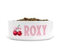 Personalised Ceramic Dog Bowl for Food/Water, Size Medium-Large (Cherries with Bow, Text Style LV)