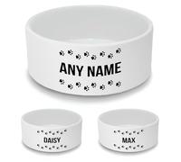 Personalised Ceramic Dog Bowl - Large White Pet Food Dish with Pawprint Tracks Design - Custom Name Dog Bowl 18cm Wide x 7cm Deep - Ideal for Medium to Large Dogs
