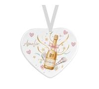 Personalised Ceramic Heart Ornament, Birthday Celebration Champagne Bottle Design, 7.5x7cm, with Ribbon Gift For Her Girls 18th 21st 30th 40th 50th 60th 70th 80th
