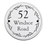Personalised Ceramic House Sign - 24cm Circle, White Gloss, Engraved House Number Plaque with 3 Font & Floral Design Options - Outdoor Home Entrance Door Plate by Signs & Numbers