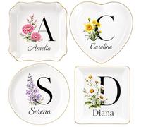 Personalised Ceramic Jewelry Tray - Custom Bridesmaid Jewelry Dish with Initial, Birth Flower & Name - Ring Dish Trinket Tray for Women, Maid of Honour Gift, Wedding, Anniversary, Birthday (Style A)