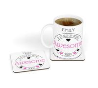 Personalised Ceramic Mug & Coaster - Awesome Birthday Hearts Design Gift for Her Girls 18th 21st 30th 40th 50th 60th 65th 70th 80th Daughter Mum Nan