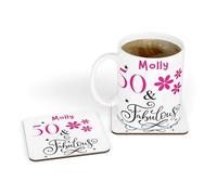 Personalised Ceramic Mug & Coaster Gift Set with Fabulous Pink Flowers Birthday Design for Her 18th 21st 30th 40th 50th 65th 70th 80th