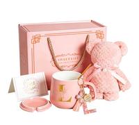 Personalised Ceramic Mug with Letter L & Towel Bear Gift Set, 380 ml Coffee Cups Pink Cup with Lid, Spoon, Keyring L, Card, Gift for Women, Girls, Girlfriend