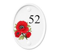 Personalised Ceramic Oval House Number Sign - Red Poppy Floral Design - Custom Black Vinyl Numbers - 16cm x 12cm Door Plaque