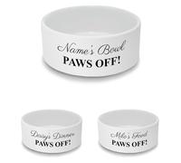 Personalised Ceramic Pet Bowl - Small White Pet Food Dish with Paws Off! Design - Custom Name Pet Bowl 13cm Wide x 5.5cm Deep - Ideal For Cats, Small Dogs, Rabbits