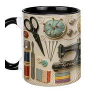 Personalised Ceramic Sewing Coffee Mug with Custom Name,Novelty Coffee Cup with Flat Sewing Machine Accessories Pattern,11 Oz Mug for Milk Hot Tea,Creative Gifts for Quilting Enthusiasts