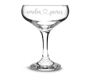 Personalised Champagne Coupe Cocktail Glass 235ml Names Heart Wedding Hen Do Birthday Vintage Saucer Bridesmaid Custom