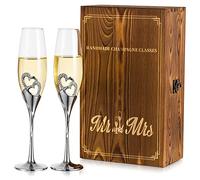 Personalised Champagne Glasses Wedding Gifts - Set of 2 Mr and Mrs Champagne Flutes with Engraved Wooden Gift Box Silver Crystal Champagne Glass Anniversary Bridesmaid Engagement Gifts for Bride Groom