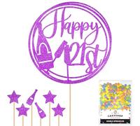 Personalised Champagne/Prosecco Flutes Glitter Cake Topper Purple Custom Age Glitter Cake Decoration and Sprinkles - Happy Birthday Decorations - Personalised Toppers for Cakes by Cakeshop