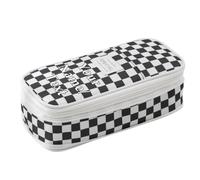 Personalised Checkerboard Pencil Case, Large Capacity Expandable Oxford Pen Pouch, Double Zipper Multi Compartment Waterproof Stationery Bag for Secondary and High School Students，Black