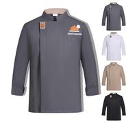 Personalised Chef Jacket Custom Logo Text Chefs whites Long Sleeve Chef Coat for Men & Women (Gray)