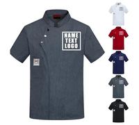 Personalised Chef Jacket Mens with Name Logo Embroidered, Chefs Jacket for Men Women, Custom Chef Uniform Short Sleeve Buttons, for Chef Waiter Restaurant Team Family (Style 02: Gray)