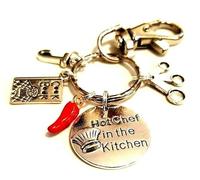 Personalised Chef Keychain,'Hot Chef in The Kitchen' Red Chilli Keyring, Cook Bag Charm, Cooking Keyring, Cook Book Bag Charm, Baker Keyring