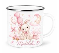 Personalised Children’s Enamel Mug - Toddler’s First Mug - Custom Kids Camping Mug - Cute Animal, Rainbow, Fairy & Princess Designs - Personalised Gift for Boys & Girls (Pink Bunny Enamel Mug)