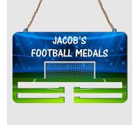 Personalised Children's Bedroom Medal Holder | Football Themed Wall Storage Rail | Boys and Girls Options | Storage Rail Child's Football Wall Sign 3mm MDF Wood (Double Rail, Blue & Green)
