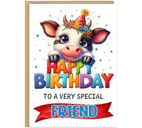 Personalised Children's Birthday Card Cute Animal Design - Custom Add Own Kids Name on Banner - Bunny Dinosaur Unicorn Sloth Puppy Lion Giraffe for Boys Girls Grandchildren Friends (Cow)