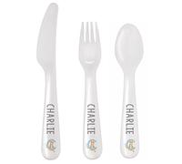 Personalised Children's Plastic Reusable Cutlery Set of 3 Items with Animal Alphabet Design Presented in A Gift Bag.