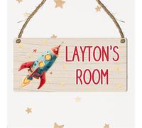 Personalised Children's Space Theme Rectangle Hanging Room Plaque - MDF Wood, Custom Astronaut Moon Rocket Door Sign, Thoughtful Birthday Keepsake Present (Rocket)