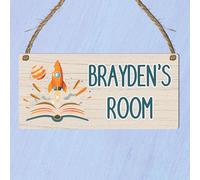 Personalised Children's Space Theme Rectangle Hanging Room Plaque - MDF Wood, Custom Astronaut Moon Rocket Door Sign, Thoughtful Birthday Keepsake Present (Rocket & Book)