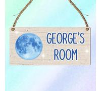 Personalised Children's Space Theme Rectangle Hanging Room Plaque - MDF Wood, Custom Astronaut Moon Rocket Door Sign, Thoughtful Birthday Keepsake Present (Blue Moon)