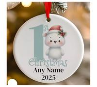 Personalised Childs 1st Christmas Blue Polar Bear Round Ceramic Hanging Tree Decoration, Babies 1st Xmas - 7cm
