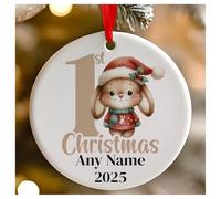Personalised Childs 1st Christmas Cute Bunny Rabbit Round Ceramic Hanging Tree Decoration, Babies 1st Xmas - 7cm