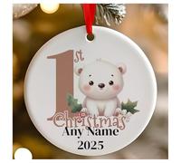 Personalised Childs 1st Christmas Cute Polar Bear Round Ceramic Hanging Tree Decoration, Babies 1st Xmas - 7cm