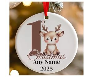Personalised Childs 1st Christmas Cute Reindeer Round Ceramic Hanging Tree Decoration, Babies 1st Xmas - 7cm
